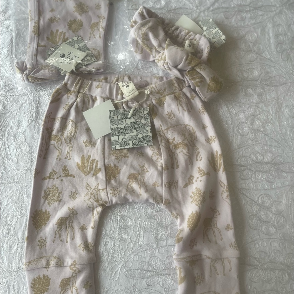 NWT Kate Quinn Pink and Mustard Gold Deer & Squirrel Print 3 PC Set 12-18m